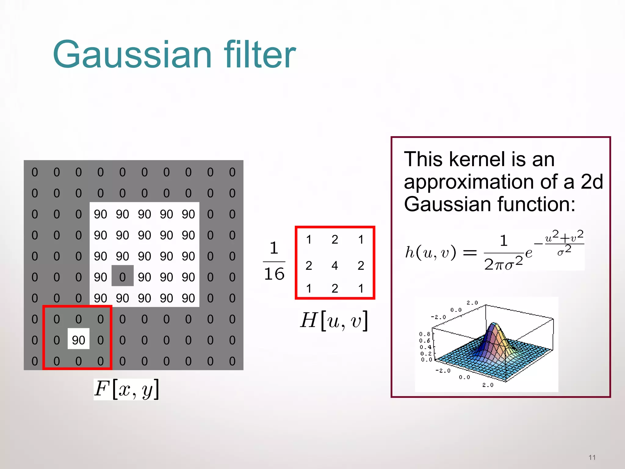 11
Gaussian filter
0 0 0 0 0 0 0 0 0 0
0 0 0 0 0 0 0 0 0 0
0 0 0 90 90 90 90 90 0 0
0 0 0 90 90 90 90 90 0 0
0 0 0 90 90 90 90 90 0 0
0 0 0 90 0 90 90 90 0 0
0 0 0 90 90 90 90 90 0 0
0 0 0 0 0 0 0 0 0 0
0 0 90 0 0 0 0 0 0 0
0 0 0 0 0 0 0 0 0 0
1 2 1
2 4 2
1 2 1
This kernel is an
approximation of a 2d
Gaussian function:
 