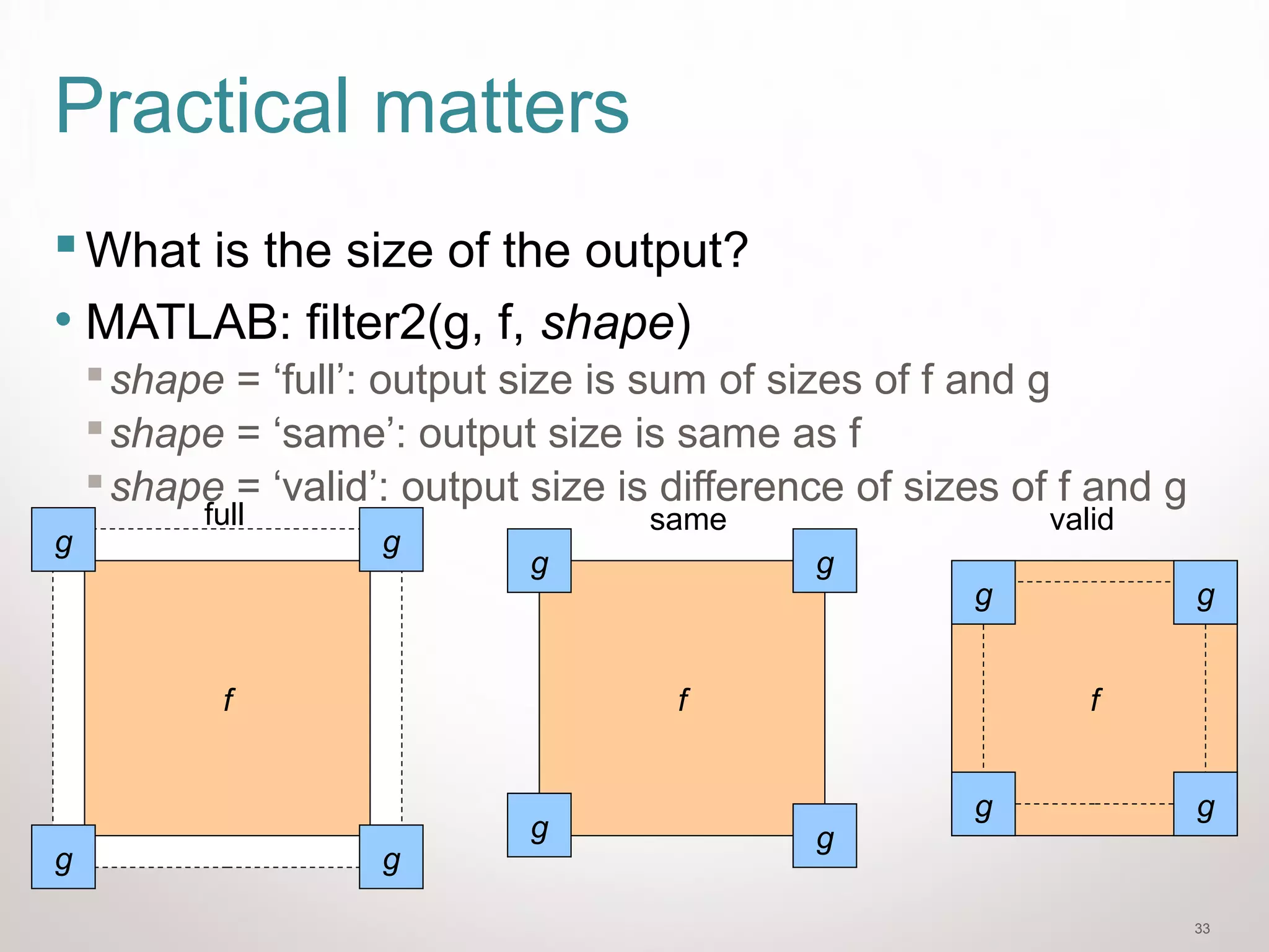 33
Practical matters
What is the size of the output?
• MATLAB: filter2(g, f, shape)
shape = ‘full’: output size is sum of sizes of f and g
shape = ‘same’: output size is same as f
shape = ‘valid’: output size is difference of sizes of f and g
f
gg
gg
f
gg
gg
f
gg
gg
full same valid
 