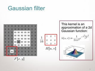 11
Gaussian filter
0 0 0 0 0 0 0 0 0 0
0 0 0 0 0 0 0 0 0 0
0 0 0 90 90 90 90 90 0 0
0 0 0 90 90 90 90 90 0 0
0 0 0 90 90 90 90 90 0 0
0 0 0 90 0 90 90 90 0 0
0 0 0 90 90 90 90 90 0 0
0 0 0 0 0 0 0 0 0 0
0 0 90 0 0 0 0 0 0 0
0 0 0 0 0 0 0 0 0 0
1 2 1
2 4 2
1 2 1
This kernel is an
approximation of a 2d
Gaussian function:
 