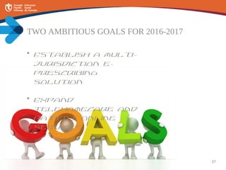 27
TWO AMBITIOUS GOALS FOR 2016-2017
• Establish a multi-
jurisdiction e-
prescribing
solution
• Expand
telehomecare and
p...