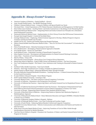 Appendix B: Always Events® Grantees
        American Academy of Pediatrics – Family Feedback – Always!
        Anne Arun...