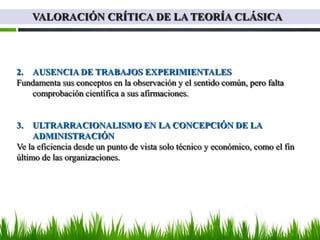 VALORACIÓN CRÍTICA DE LA TEORÍA CLÁSICA




2. AUSENCIA DE TRABAJOS EXPERIMIENTALES
Fundamenta sus conceptos en la observación y el sentido común, pero falta
   comprobación científica a sus afirmaciones.


3.   ULTRARRACIONALISMO EN LA CONCEPCIÓN DE LA
     ADMINISTRACIÓN
Ve la eficiencia desde un punto de vista solo técnico y económico, como el fin
último de las organizaciones.
 