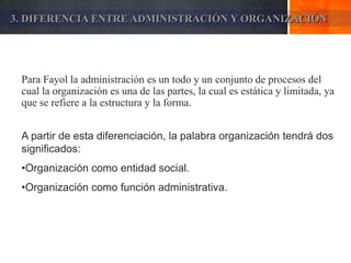 3. DIFERENCIA ENTRE ADMINISTRACIÓN Y ORGANIZACIÓN




 Para Fayol la administración es un todo y un conjunto de procesos del
 cual la organización es una de las partes, la cual es estática y limitada, ya
 que se refiere a la estructura y la forma.


 A partir de esta diferenciación, la palabra organización tendrá dos
 significados:
 •Organización como entidad social.
 •Organización como función administrativa.
 