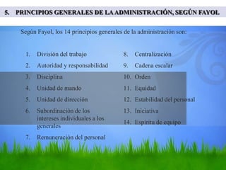 5. PRINCIPIOS GENERALES DE LA ADMINISTRACIÓN, SEGÚN FAYOL


    Según Fayol, los 14 principios generales de la administración son:


     1.   División del trabajo              8.   Centralización
     2.   Autoridad y responsabilidad       9.   Cadena escalar
     3.   Disciplina                        10. Orden
     4.   Unidad de mando                   11. Equidad
     5.   Unidad de dirección               12. Estabilidad del personal
     6.   Subordinación de los              13. Iniciativa
          intereses individuales a los
                                            14. Espíritu de equipo
          generales
     7.   Remuneración del personal
 