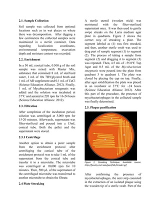 2.1. Sample Collection
Soil sample was collected from optional
locations such as in wet places or where
there was decomposition. After digging a
few centimeters the collected samples were
maintained in a sterile container. Data
regarding localization coordinates,
environmental temperature, excavation
depth and moisture content was recorded.
2.2. Enrichment
In a 50 mL conical tube, 0.500 g of the soil
sample was mixed with Master Mix,
substance that contained 8 mL of sterilized
water, 1 mL of 10x 7H9/glycerol broth and
1 mL of AD supplement and 0.1 mL of CaCl
(Science Education Alliance. 2012). Finally,
1 mL of Mycobacterium smegmatis was
added and the solution was incubated at
37°C and aerated at 220 rpm for 16-24 hours
(Science Education Alliance 2012).
2.3. Filtration
After completion of the incubation period,
solution was centrifuged at 3,000 rpm for
15-20 minutes. Afterwards, supernatant was
filter-sterilized and poured into a 15mL
conical tube. Both the pellet and the
supernatant were stored.
2.3.1 Centrifuge
Another option to obtain a purer sample
from the enrichment protocol after
centrifuging the conical tube of the
enrichment protocol was to take 1 mL of the
supernatant from the conical tube and
transfer it to a microtube. The microtube
was centrifuged at 10,000 rpm for 10
minutes. Then, 500 µL of the supernatant of
the centrifuged microtube was transferred to
another microtube to obtain the filtrate.
2.4 Plate Streaking
A sterile utensil (wooden stick) was
moistened with the filter-sterilized
supernatant once. It was then used to gently
swipe streaks on the Luria medium agar
plate in quadrants. Figure 2 shows the
correct way of streaking a plate. The
segment labeled as (1) was first streaked,
and then, another sterile swab was used to
drag part of sample segment (1) to segment
(2). The process of taking a sample from
segment (2) and dragging it to segment (3)
was repeated. Then, 4.5 mL of ~55.0o
C Top
Agar and 0.5 mL of the Mycobacterium
smegmatis were poured into the plate from
quadrant 3 to quadrant 1. The plate was
closed by placing the cap on top. Finally,
after agar solidification the plate was placed
in an incubator at 37°C for ~24 hours
(Science Education Alliance 2012). After
this part of the procedure, the presence of
mycobacteriophages in the collected sample
was finally determined.
2.5. Plaque purification
Figure 2. Streaking Technique. Available source:
http://faculty.mc3.edu/jearl/ML/streak1.gif
After confirming the presence of
mycobacteriophages, the next step consisted
in the extraction of an isolated plaque using
the wooden tip of a sterile swab. Part of the
 