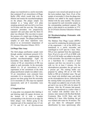 plaque was transferred to a sterile microtube
that contained 25 µL (microliters) of Phage
Buffer (PB) which would help with the
dilution and sustain the mycobacteriophages
on the plaque. The plaque sample was
streaked in a “smeg plate” (2.4 plate
streaking protocol) and was left to rest from
16-24 hours until the next day. This plaque
extraction procedure was progressively
repeated with each plate until the third (3)
plate was obtained. This was done to assure
the pureness of a single type of phage from
each plaque sample. The plaque purification
samples of each three repetitions were
placed in an environment temperature of
4°C (Science Education Alliance. 2012).
2.6 Phage-Titer Assay
The third plaque purification sample went
through another enrichment protocol (2.2).
This was made for supplementing the
purified mycobacteriophage. Eight (8)
microtubes were labeled from 1 to 8. A
volume of 90 µL (microliters) of PB was
added to each microtube. In the microtube
labeled (1), 10 µL (microliters) of the
supernatant of the enrichment of the third
plaque purification sample was added. Later,
10 µL (microliters) were extracted from
microtube (1) to microtube (2). The same
process was done going from the microtube
(2) to microtube (3). This step was repeated
successively until all 8 microtubes were
diluted.
2.7 Empirical Test
A smeg plate was prepared after labeling it
and drawing eight (8) square divisions on
the bottom of it with a number
corresponding to the division on an edge for
better plaque view. Before going to the
important part of the empirical test, 4.5 mL
of TA and 0.5 mL of Mycobacterium
smegmatis were mixed and spread on top of
the Luria medium Agar. Next, 10 µL of the
sample of microtube (1) from the phage-titer
dilutions was added to the square segment
labeled with the same number. The process
was repeated for each microtube sample on
the corresponding numbered segment. The
plate is then placed in an incubator at 37°C
for 16-24 hours (Science Education Alliance
2012).
2.8 Mycobacteriophage Proteomics with
Electrophoresis
The Medium Titer Phage Lysate (MTPL)
was used for conducting the proteomics part
of the experiment. 1 ml of the MTPL was
transferred to a sterile microtube and
centrifuged at 1x104
rpm for 1 hour. Then,
950 μl were aspirated from the supernatant.
Next, 50 μl of a mix of 25 μl of BME with
475 μl of LSE buffer was added to the pellet
of the microtube. The microtube was placed
on a heat-block for 2 minutes of heat
exposure and then was moved to a cooler
with ice for at least 2 minutes. For the
electrophoresis procedure, the gel used was
a precast gel. The running buffer was
prepared by adding 100 ml of 10X TGS
buffer to 900 ml of distilled water. The gel
was rinsed with distilled water and placed
on the electrophoresis device, following that
the running buffer was poured in the wells.
The sample was added in one of wells of the
gel and it was run at 200 volts for about 30
minutes. After the 30 minutes had passed,
the gel was transferred to a rocker where it
was washed with distilled water for 5
minutes, later stained with Bio-Rad BioSafe
Coomassie Blue G-250 Stain and left
shaking for 1 hour. After finishing, the gel
was washed with water for 30 minutes. The
gel was taken for subsequent protein
identification by mass spectroscopy after
 