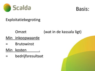 Basis:
Exploitatiebegroting
Omzet
(wat in de kassala ligt)
Min inkoopwaarde
=
Brutowinst
Min kosten
.
=
bedrijfsresultaat

 