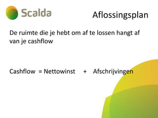 Aflossingsplan
De ruimte die je hebt om af te lossen hangt af
van je cashflow

Cashflow = Nettowinst

+ Afschrijvingen

 