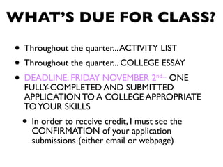 WHAT’S DUE FOR CLASS?

• Throughout the quarter... ACTIVITY LIST
• Throughout the quarter... COLLEGE ESSAY
• DEADLINE: FRIDAY NOVEMBER 2 ONE
  FULLY-COMPLETED AND SUBMITTED
                                     nd...


  APPLICATION TO A COLLEGE APPROPRIATE
  TO YOUR SKILLS
 • In order to receiveof yourIapplicationthe
   CONFIRMATION
                      credit, must see

    submissions (either email or webpage)
 