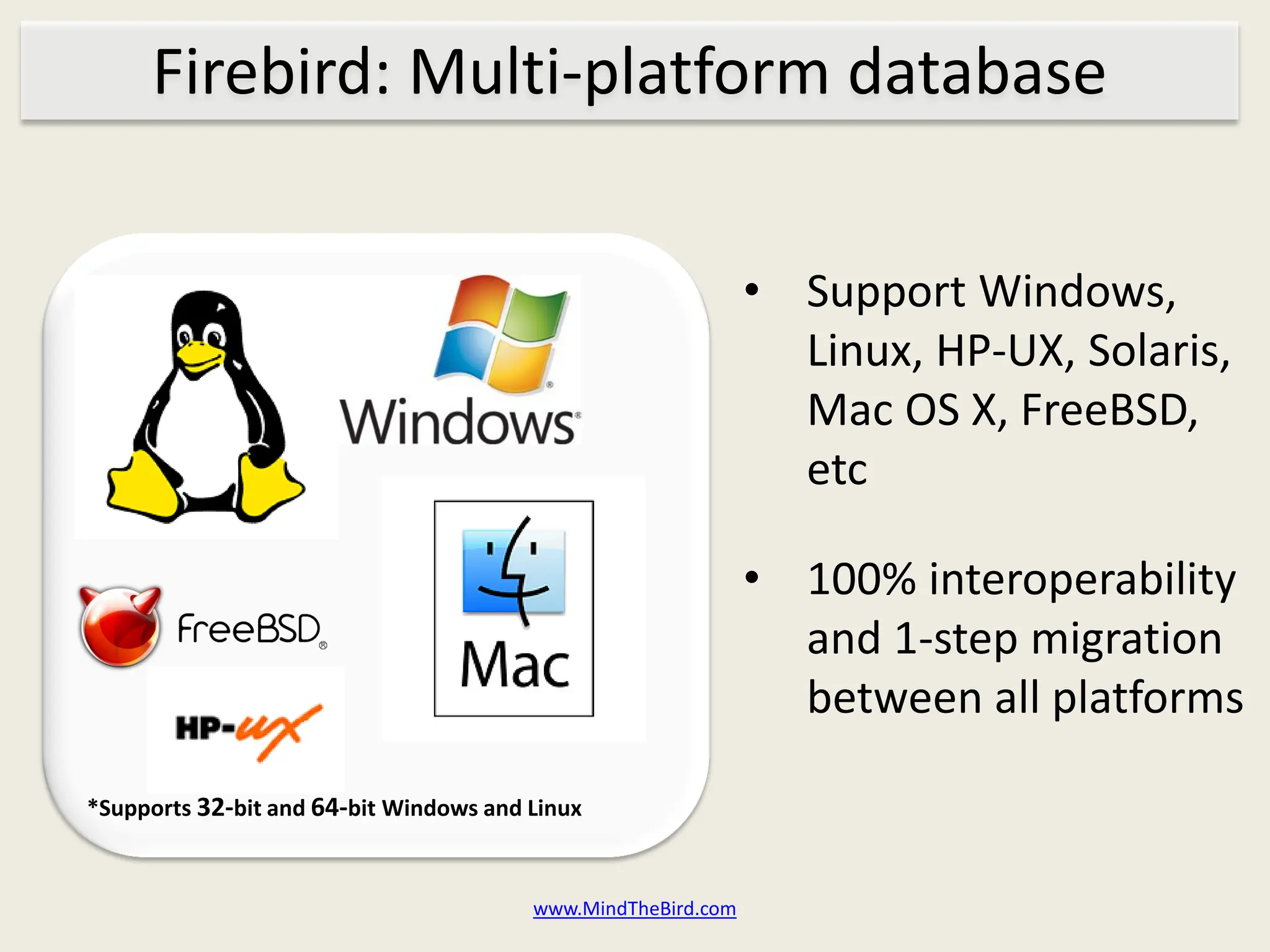 Firebird: Multi-platform database


                                                              • Support Windows,
                                                                Linux, HP-UX, Solaris,
                                                                Mac OS X, FreeBSD,
                                                                etc

                                                              • 100% interoperability
                                                                and 1-step migration
                                                                between all platforms

*Supports 32-bit and 64-bit Windows and Linux



                                        www.MindTheBird.com
 