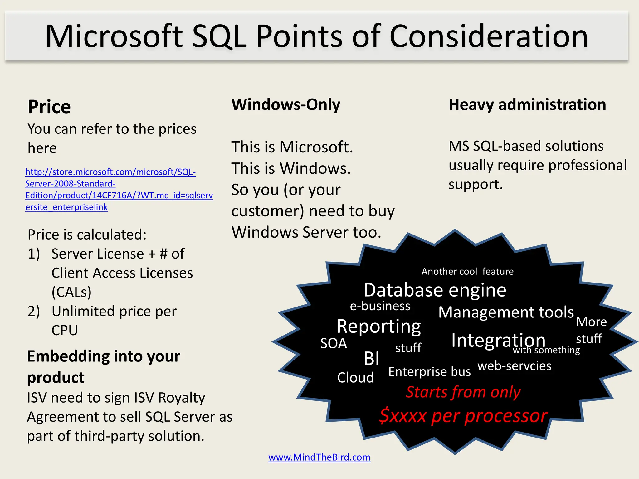 Microsoft SQL Points of Consideration
Price                                        Windows-Only                            Heavy administration
You can refer to the prices
here                                         This is Microsoft.                      MS SQL-based solutions
http://store.microsoft.com/microsoft/SQL-    This is Windows.                        usually require professional
Server-2008-Standard-
                                             So you (or your                         support.
Edition/product/14CF716A/?WT.mc_id=sqlserv
ersite_enterpriselink
                                             customer) need to buy
Price is calculated:                         Windows Server too.
1) Server License + # of
    Client Access Licenses                                                      Another cool feature

    (CALs)                                                        Database engine
2) Unlimited price per                                          e-business
                                                                                   Management tools More
    CPU                                                      Reporting
                                                          SOA           stuff         Integration stuff
                                                                                             with something
Embedding into your                                               BI              web-servcies
product                                                      Cloud Enterprise bus
ISV need to sign ISV Royalty                                              Starts from only
Agreement to sell SQL Server as                                        $xxxx per processor
part of third-party solution.
                                                 www.MindTheBird.com
 