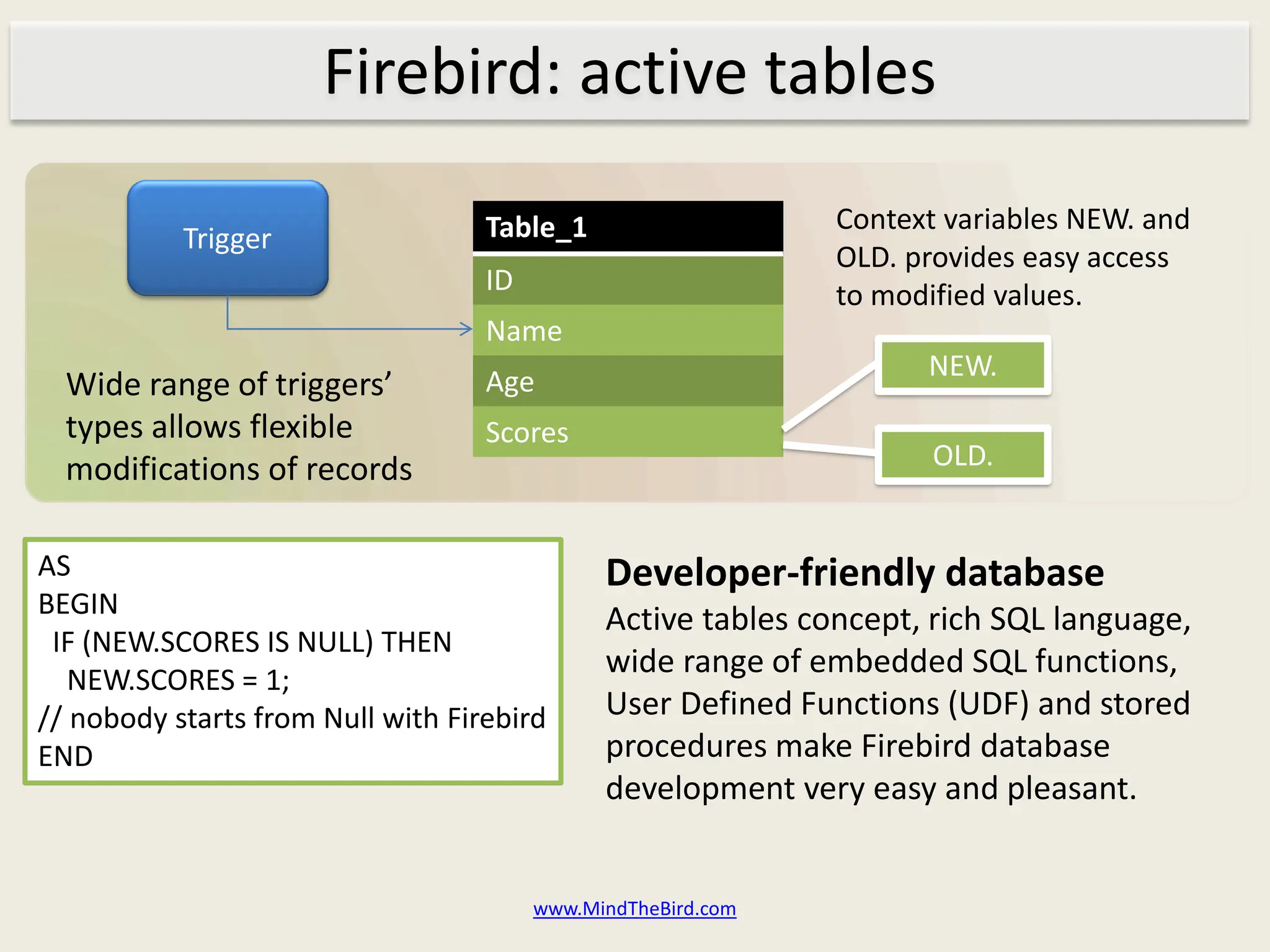 Firebird: active tables

                                   Table_1                    Context variables NEW. and
           Trigger
                                                              OLD. provides easy access
                                   ID                         to modified values.
                                   Name
                                                                    NEW.
  Wide range of triggers’          Age
  types allows flexible            Scores
  modifications of records                                           OLD.


AS                                            Developer-friendly database
BEGIN
                                              Active tables concept, rich SQL language,
 IF (NEW.SCORES IS NULL) THEN
                                              wide range of embedded SQL functions,
   NEW.SCORES = 1;
// nobody starts from Null with Firebird      User Defined Functions (UDF) and stored
END                                           procedures make Firebird database
                                              development very easy and pleasant.


                                        www.MindTheBird.com
 