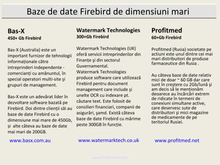 Baze de date Firebird de dimensiuni mari
Bas-X                                Watermark Technologies                Profitmed
450+ Gb Firebird                     300+Gb Firebird                       60+Gb Firebird

Bas-X (Australia) este un            Watermark Technologies (UK)           Profitmed (Rusia) societate pe
important furnizor de tehnologii     oferă servicii intreprinderilor din   actiuni este unul dintre cei mai
                                     Finanţe şi din sectorul               mari distribuitori de produse
informaţionale către                                                       farmaceutice din Rusia .
intreprinderi independente -         Guvernamental.
comercianţi cu amănuntul, în         Watermark Technologies
                                                                           Au câteva baze de date relativ
special operatori multi-site şi      produce software care utilizează      mici de doar ~ 60 GB dar care
grupuri de management.               Firebird pentru document              sunt în creştere cu 2Gb/lună şi
                                     management care include şi            am decis să le menţionăm
                                     unelte OCR cu indexare pt.            deoarece au încărcări extrem
Bas-X este un adevărat lider în                                            de ridicate în termeni de
dezvoltare software bazată pe        căutare text. Este folosit de         conexiuni simultane active,
Firebird. Doi dintre clienţii săi au consilieri financiari, companii de    care deservesc sute de
baze de date Firebird cu o           asigurări, şamd. Există câteva        distribuitori şi mici magazine
                                                                           de medicamente de pe
dimensiune mai mare de 450Gb, baze de date Firebird cu mărime              teritoriul Rusiei.
și alte câteva au baze de date       peste 300GB în funcție.
mai mari de 200GB.
www.basx.com.au                       www.watermarktech.co.uk               www.profitmed.net


                                             www.MindTheBird.com
 