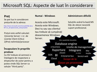 Microsoft SQL: Aspecte de luat în considerare

Preț                                           Numai - Windows                                  Administrare dificilă
Se pot lua in considerare
prețurile de la adresa:                          Acesta este Microsoft.                         Soluțiile având la bază MS
                                                 Acesta este Windows.
http://store.microsoft.com/microsoft/SQL-Server-2008-Standard-Edition/product/14CF716A/?        SQL de obicei necesită
WT.mc_id=sqlserversite_enterpriselink
                                                 Deci tu sau sau clientul                       suport profesional.

Prețul este astfel calculat:                     tau trebuie să cumpărați
1)Licențe Server + nr. de                        deasemenea Windows
Licențe Client (CALs)                            Server.
                                                                                   Alte capabilități deosebite
2)Preț nelimitat/procesor
                                                                             Database engine
                                                                      e-business              Unelte de management
Încapsulare în propriile
                                                                         Raportare                Integrare               Mai
produse                                                                             chestii                  cu ceva      multe
Ca ISV trebuie să semnezi o                                        SOA       BI      Enterprise bus             Servicii web
înțelegere de respectare a                                             Cloud               Începe de la
drepturilor de autor pentru a
putea vinde SQL Server ca                                                         $xxxx pe processor
soluție “third party”.
                                                       www.MindTheBird.com
 