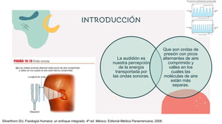 INTRODUCCIÓN
La audidión es
nuestra percepción
de la energía
transportada por
las ondas sonoras.
Que son ondas de
presión con picos
alternantes de aire
comprimido y
valles en los
cuales las
moléculas de aire
están más
separas.
Silverthorn DU, Fisiología Humana: un enfoque integrado. 4ª ed. México: Editorial Médica Panamericana; 2008.
 