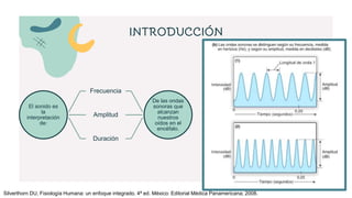 INTRODUCCIÓN
El sonido es
la
interpretación
de:
Frecuencia
Amplitud
Duración
De las ondas
sonoras que
alcanzan
nuestros
oídos en el
encéfalo.
Silverthorn DU, Fisiología Humana: un enfoque integrado. 4ª ed. México: Editorial Médica Panamericana; 2008.
 