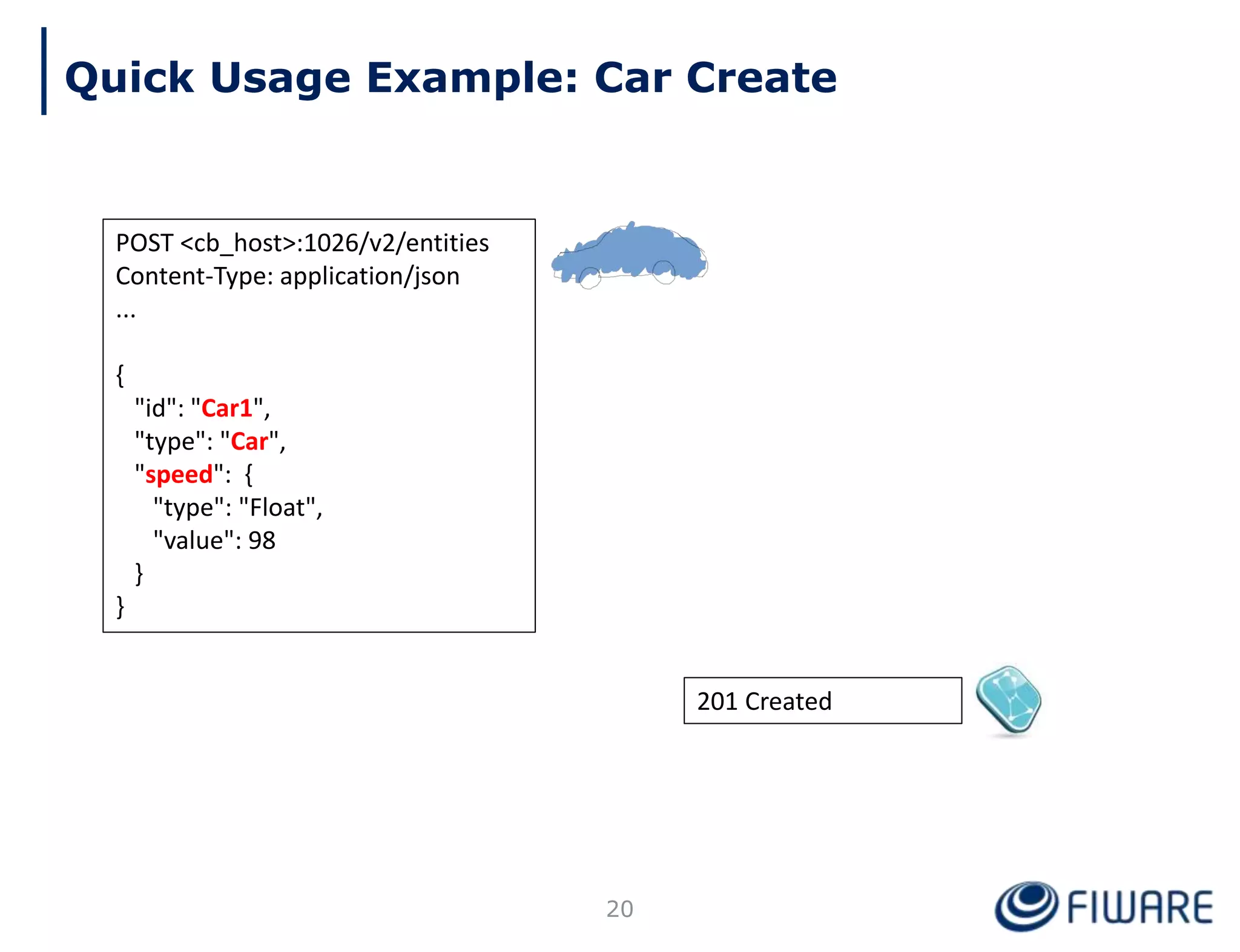 Quick Usage Example: Car Create
201 Created
20
POST <cb_host>:1026/v2/entities
Content-Type: application/json
...
{
"id": "Car1",
"type": "Car",
"speed": {
"type": "Float",
"value": 98
}
}
 