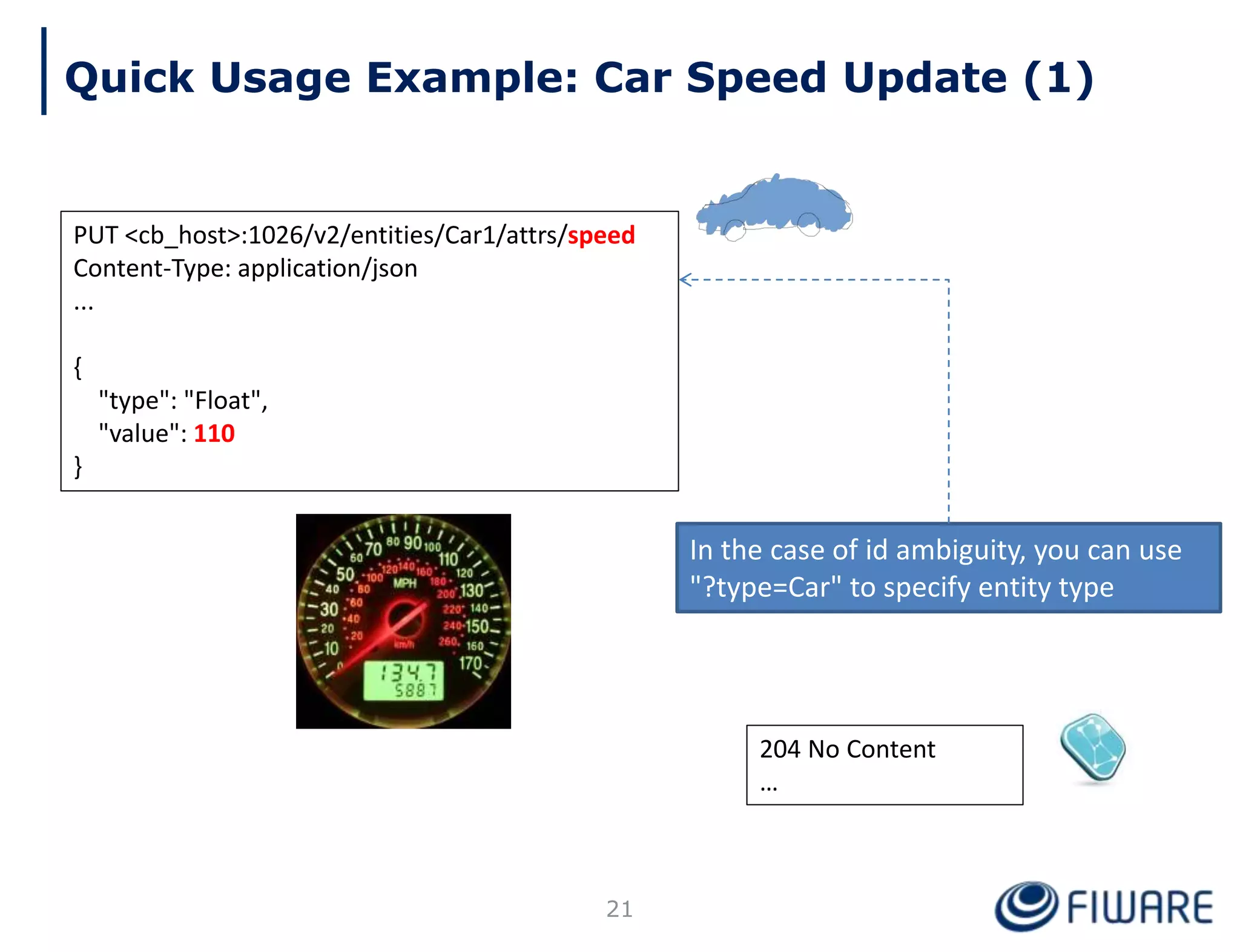Quick Usage Example: Car Speed Update (1)
PUT <cb_host>:1026/v2/entities/Car1/attrs/speed
Content-Type: application/json
...
{
"type": "Float",
"value": 110
}
204 No Content
…
21
In the case of id ambiguity, you can use
"?type=Car" to specify entity type
 