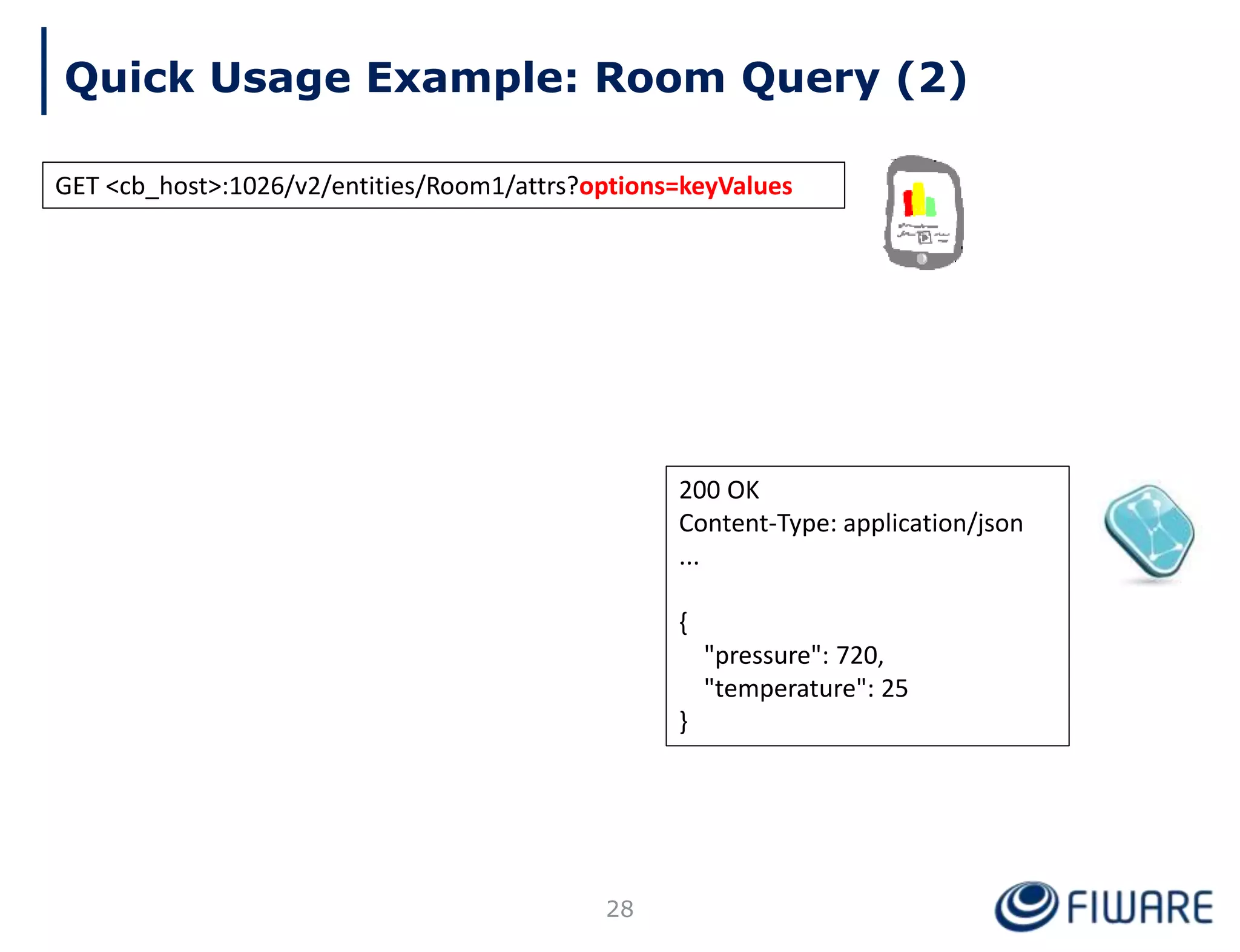 Quick Usage Example: Room Query (2)
28
200 OK
Content-Type: application/json
...
{
"pressure": 720,
"temperature": 25
}
GET <cb_host>:1026/v2/entities/Room1/attrs?options=keyValues
 