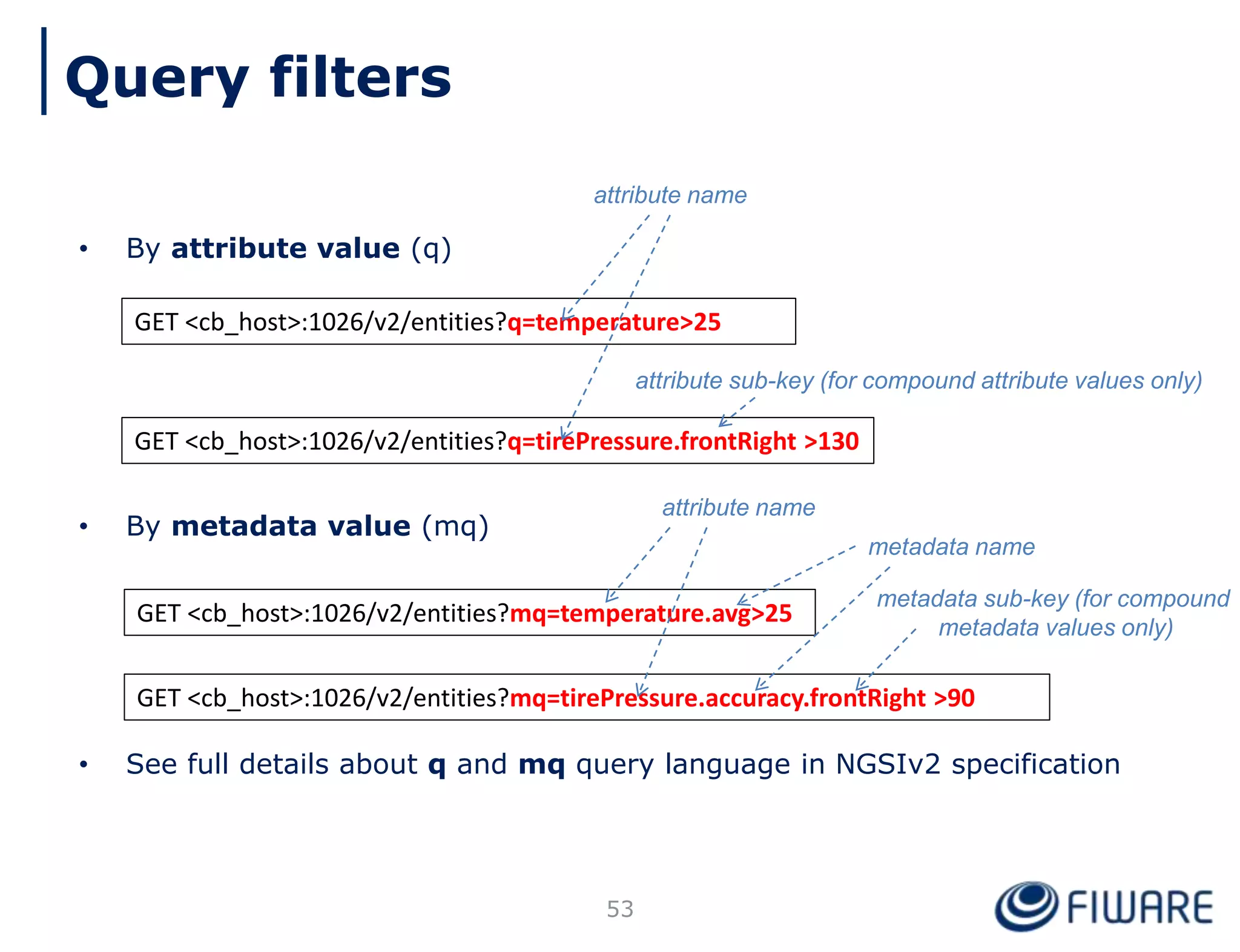 • By attribute value (q)
• By metadata value (mq)
• See full details about q and mq query language in NGSIv2 specification
53
GET <cb_host>:1026/v2/entities?q=temperature>25
GET <cb_host>:1026/v2/entities?q=tirePressure.frontRight >130
attribute name
attribute sub-key (for compound attribute values only)
GET <cb_host>:1026/v2/entities?mq=temperature.avg>25
GET <cb_host>:1026/v2/entities?mq=tirePressure.accuracy.frontRight >90
metadata sub-key (for compound
metadata values only)
attribute name
metadata name
Query filters
 