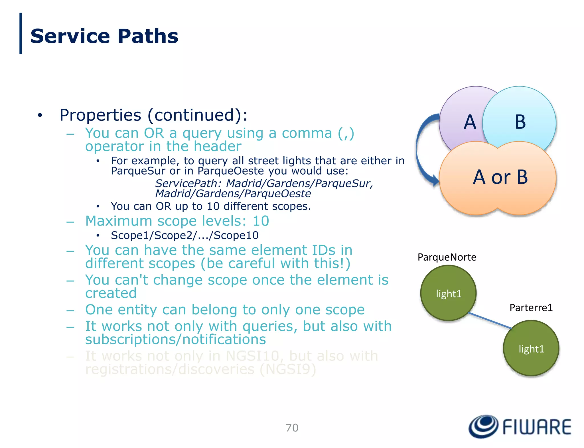 • Properties (continued):
– You can OR a query using a comma (,)
operator in the header
• For example, to query all street lights that are either in
ParqueSur or in ParqueOeste you would use:
ServicePath: Madrid/Gardens/ParqueSur,
Madrid/Gardens/ParqueOeste
• You can OR up to 10 different scopes.
– Maximum scope levels: 10
• Scope1/Scope2/.../Scope10
– You can have the same element IDs in
different scopes (be careful with this!)
– You can't change scope once the element is
created
– One entity can belong to only one scope
– It works not only with queries, but also with
subscriptions/notifications
– It works not only in NGSI10, but also with
registrations/discoveries (NGSI9)
ParqueNorte
Parterre1
light1
light1
A B
A or B
70
Service Paths
 