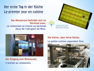 Der erste Tag in der Küche
Le premier jour en cuisine
Die kleine, aber feine Küche.
La petite cuisine cependant fine.
Das Restaurant befindet sich im
Terminal zwei.
Le restaurant se trouve au terminal
deux de l’aéroport de Nice.
Der Eingang zum Restaurant.
L’entrée au restaurant.
 