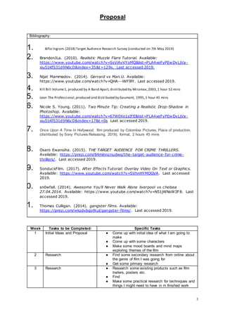Proposal
3
Bibliography:
1. Alfie Ingram.(2018) Target Audience Research Survey (conducted on 7th May 2019)
2. BrandonJLa. (2010). Realistic Muzzle Flare Tutorial. Available:
https://www.youtube.com/watch?v=SsViAvVYoMQ&list=PLA4xeFyPEwDvLjVa-
xiu51KfS31d9N6cD&index=35&t=129s. Last accessed 2019.
3. Nijat Mammadov. (2014). Gerrard vs Man.U. Available:
https://www.youtube.com/watch?v=QHA--iWF9lY. Last accessed 2019.
4. Kill Bill:Volume1, produced by A Band Apart, distributed by Miramax,2003,1 hour 52 mins
5. Leon The Professional,produced and distributed by Gaumont, 1995,1 hour 45 mins
6. Nicole S. Young. (2011). Two Minute Tip: Creating a Realistic Drop-Shadow in
Photoshop. Available:
https://www.youtube.com/watch?v=67W0Xo1sIFE&list=PLA4xeFyPEwDvLjVa-
xiu51KfS31d9N6cD&index=17&t=0s Last accessed 2019.
7. Once Upon A Time In Hollywood, film produced by Colombia Pictures, Place of production,
(distributed by Sony Pictures Releasing, 2019), format, 2 hours 45 mins
8. Osaro Ewansiha. (2015). THE TARGET AUDIENCE FOR CRIME THRILLERS.
Available: https://prezi.com/84mlnnznudwq/the-target-audience-for-crime-
thrillers/. Last accessed 2019.
9. SonduckFilm. (2017). After Effects Tutorial: Overlay Video On Text or Graphics.
Available: https://www.youtube.com/watch?v=SVhnHYMOGVA. Last accessed
2019.
10. sn0wfall. (2014). Awesome You'll Never Walk Alone liverpool vs chelsea
27.04.2014. Available: https://www.youtube.com/watch?v=N51jWNsW3F8. Last
accessed 2019.
11. Thomas Culligan. (2014). gangster films. Available:
https://prezi.com/wkzdvbqo9tul/gangster-films/. Last accessed 2019.
Week Tasks to be Completed: Specific Tasks
1 Initial Ideas and Proposal ● Come up with initial idea of what I am going to
make
● Come up with some characters
● Make some mood boards and mind maps
exploring themes of the film
2 Research ● Find some secondary research from online about
the genre of film I was going for
● Get some primary research
3 Research ● Research some existing products such as film
trailers, posters etc.
● Find
● Make some practical research for techniques and
things I might need to have in m finished work
 