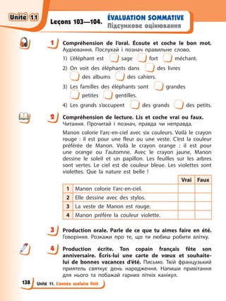 Unité 11. L’année scolaire finit
ÉVALUATION SOMMATIVE
Підсумкове оцінювання
Leçons 103—104.
1 Compréhension de l’oral. Écoute et coche le bon mot.
Аудіювання. Послухай і познач правильне слово.
1) L’éléphant est sage fort méchant.
2) On voit des éléphants dans des livres
des albums des cahiers.
3) Les familles des éléphants sont grandes
petites gentilles.
4) Les grands s’occupent des grands des petits.
2 Compréhension de lecture. Lis et coche vrai ou faux.
Читання. Прочитай і познач, правда чи неправда.
Manon colorie l’arc-en-ciel avec six couleurs. Voilà le crayon
rouge : il est pour une fleur ou une veste. C’est la couleur
préféréе de Manon. Voilà le crayon orange : il est pour
une orange ou l’automne. Avec le crayon jaune, Manon
dessine le soleil et un papillon. Les feuilles sur les arbres
sont vertes. Le ciel est de couleur bleue. Les violettes sont
violettes. Que la nature est belle !
Vrai Faux
1 Manon colorie l’arc-en-ciel.
2 Elle dessine avec des stylos.
3 La veste de Manon est rouge.
4 Manon préfère la couleur violette.
3 Production orale. Parle de ce que tu aimes faire en été.
Говоріння. Розкажи про те, що ти любиш робити влітку.
4 Production écrite. Ton copain français fête son
anniversaire. Écris-lui une carte de vœux et souhaite-
lui de bonnes vacances d’été. Письмо. Твій французький
приятель святкує день народження. Напиши привітання
для нього та побажай гарних літніх канікул.
1
2
3
4
4
Unité 11
Unité 11
138
Unité 11
Unité 11
 