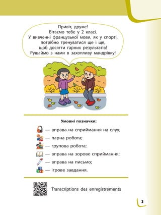 Умовні позначки:
— вправа на сприймання на слух;
— парна робота;
— групова робота;
— вправа на зорове сприймання;
— вправа...