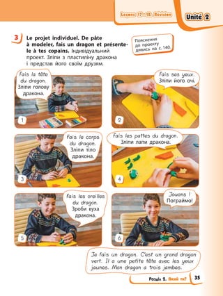 Leçons 17—18. Révision
Leçons 17—18. Révision
Leçons 17—18. Révision
Leçons 17—18. Révision
Розділ 2. Який ти?
3 Le projet individuel. De pâte
à modeler, fais un dragon et présente-
le à tes copains. Індивідуальний
проект. Зліпи з пластиліну дракона
і представ його своїм друзям.
1
3
5 6
4
2
Fais ses yeux.
Зліпи його очі.
Fais les pattes du dragon.
Зліпи лапи дракона.
Jouons !
Пограймо!
Je fais un dragon. C’est un grand dragon
vert. Il a une petite tête avec les yeux
jaunes. Mon dragon a trois jambes.
Fais la tête
du dragon.
Зліпи голову
дракона.
Fais le corps
du dragon.
Зліпи тіло
дракона.
Fais les oreilles
du dragon.
Зроби вуха
дракона.
3 Пояснення
до проекту
дивись на с. 140.
Unité 2
Unité 2
Unité 2
Unité 2
35
 
