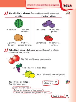 Leçon 30. J’aime les fruits et les légumes
Leçon 30. J’aime les fruits et les légumes
Leçon 30. J’aime les fruits et les légumes
Leçon 30. J’aime les fruits et les légumes
Розділ 4. Осінь
3 Lis, réfléchis et observe. Прочитай, подумай і запам’ятай.
Un objet Plusieurs objets
La pastèque C’est une
pastèque.
Les prunes Ce sont des
prunes.
La pomme
de terre
С’est une
pomme de terre.
Les tomates Ce sont des
tomates.
4 Réfléchis et entoure la bonne phrase. Подумай та обведи
правильну конструкцію.
1) C’est / Ce sont des grandes pommes.
3) C’est / Ce sont des tomates jaunes.
2) C’est / Ce sont le raisin bleu.
Jeu « Boule de neige ».
Гра «Снігова куля».
J’aime les tomates, les poires et les ... .
J’aime les tomates et les poires.
J’aime les tomates.
3
4
Пояснення до гри
дивись на с. 141.
Unité 4
Unité 4
Unité 4
Unité 4
55
 