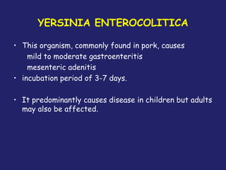 YERSINIA ENTEROCOLITICA
• This organism, commonly found in pork, causes
mild to moderate gastroenteritis
mesenteric adenitis
• incubation period of 3-7 days.
• It predominantly causes disease in children but adults
may also be affected.
 