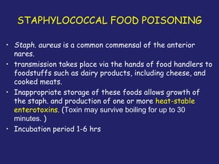 STAPHYLOCOCCAL FOOD POISONING
• Staph. aureus is a common commensal of the anterior
nares.
• transmission takes place via the hands of food handlers to
foodstuffs such as dairy products, including cheese, and
cooked meats.
• Inappropriate storage of these foods allows growth of
the staph. and production of one or more heat-stable
enterotoxins. (Toxin may survive boiling for up to 30
minutes. )
• Incubation period 1-6 hrs
 