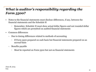 PwC
What is auditor’s responsibility regarding the
Form 5500?
• Notes to the financial statements must disclose differences, if any, between the
financial statements and the Schedule H
◦ Remember, Schedule H must show actual dollar figures and not rounded dollar
figures which are permitted on audited financial statements
• Common differences
- Due to timing differences related to methods of accounting
◦ If Form 5500 prepared on cash basis but financial statements prepared on an
accrual basis
- Benefits payable
◦ Must be reported on Form 5500 but not on financial statements
16
June 18, 2015
 