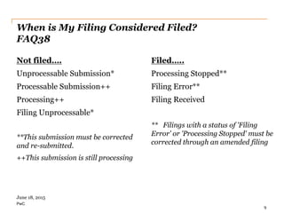 PwC
When is My Filing Considered Filed?
FAQ38
Not filed….
Unprocessable Submission*
Processable Submission++
Processing++
Filing Unprocessable*
**This submission must be corrected
and re-submitted.
++This submission is still processing
Filed…..
Processing Stopped**
Filing Error**
Filing Received
** Filings with a status of 'Filing
Error' or 'Processing Stopped' must be
corrected through an amended filing
9
June 18, 2015
 
