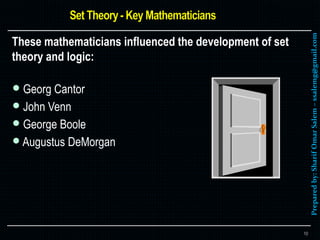 Preparedby:SharifOmarSalem–ssalemg@gmail.com
These mathematicians influenced the development of set
theory and logic:
 Georg Cantor
 John Venn
 George Boole
 Augustus DeMorgan
10
 