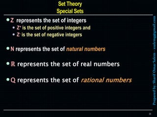 Preparedby:SharifOmarSalem–ssalemg@gmail.com
Z represents the set of integers
 Z+ is the set of positive integers and
 Z- is the set of negative integers
N represents the set of natural numbers
ℝ represents the set of real numbers
Q represents the set of rational numbers
26
 