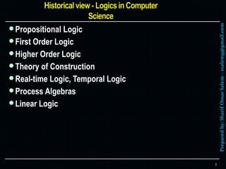 Preparedby:SharifOmarSalem–ssalemg@gmail.com
Propositional Logic
First Order Logic
Higher Order Logic
Theory of Construction
Real-time Logic, Temporal Logic
Process Algebras
Linear Logic
8
 