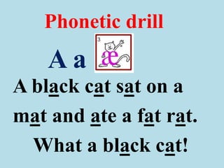 A black cat sat on a
mat and ate a fat rat.
What a black cat!
Phonetic drill
A a
 