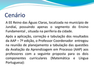 Cenário
A EE Reino das Águas Claras, localizada no município de
Jundiaí, possuindo apenas o segmento do Ensino
Fundamental , situada na periferia da cidade.
Após a aplicação, correção e tabulação dos resultados
da AAP – 7ª edição, o Professor Coordenador entregou
na reunião de planejamento a tabulação das questões
da Avaliação da Aprendizagem em Processo (AAP) aos
professores com a seguinte proposta para os dois
componentes curriculares (Matemática e Língua
Portuguesa):
 
