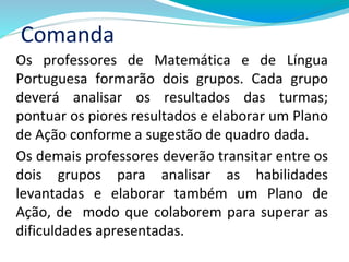 Comanda
Os professores de Matemática e de Língua
Portuguesa formarão dois grupos. Cada grupo
deverá analisar os resultados das turmas;
pontuar os piores resultados e elaborar um Plano
de Ação conforme a sugestão de quadro dada.
Os demais professores deverão transitar entre os
dois grupos para analisar as habilidades
levantadas e elaborar também um Plano de
Ação, de modo que colaborem para superar as
dificuldades apresentadas.
 