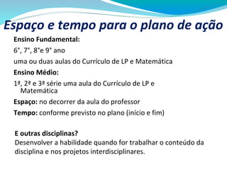 Espaço e tempo para o plano de ação
Ensino Fundamental:
6°, 7°, 8°e 9° ano
uma ou duas aulas do Currículo de LP e Matemática
Ensino Médio:
1ª, 2ª e 3ª série uma aula do Currículo de LP e
Matemática
Espaço: no decorrer da aula do professor
Tempo: conforme previsto no plano (início e fim)
E outras disciplinas?
Desenvolver a habilidade quando for trabalhar o conteúdo da
disciplina e nos projetos interdisciplinares.
 