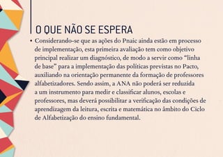 O QUE NÃO SE ESPERA
•	Considerando-se que as ações do Pnaic ainda estão em processo
de implementação, esta primeira avaliação tem como objetivo
principal realizar um diagnóstico, de modo a servir como “linha
de base” para a implementação das políticas previstas no Pacto,
auxiliando na orientação permanente da formação de professores
alfabetizadores. Sendo assim, a ANA não poderá ser reduzida
a um instrumento para medir e classificar alunos, escolas e
professores, mas deverá possibilitar a verificação das condições de
aprendizagem da leitura, escrita e matemática no âmbito do Ciclo
de Alfabetização do ensino fundamental.
 