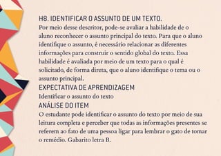 H8. IDENTIFICAR O ASSUNTO DE UM TEXTO.
Por meio desse descritor, pode-se avaliar a habilidade de o
aluno reconhecer o assunto principal do texto. Para que o aluno
identifique o assunto, é necessário relacionar as diferentes
informações para construir o sentido global do texto. Essa
habilidade é avaliada por meio de um texto para o qual é
solicitado, de forma direta, que o aluno identifique o tema ou o
assunto principal.
EXPECTATIVA DE APRENDIZAGEM
Identificar o assunto do texto
ANÁLISE DO ITEM
O estudante pode identificar o assunto do texto por meio de sua
leitura completa e perceber que todas as informações presentes se
referem ao fato de uma pessoa ligar para lembrar o gato de tomar
o remédio. Gabarito letra B.
 