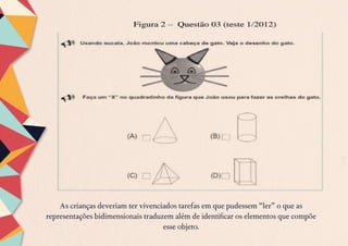 As crianças deveriam ter vivenciados tarefas em que pudessem “ler” o que as
representações bidimensionais traduzem além de identificar os elementos que compõe
esse objeto.
 