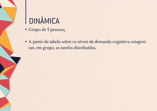 DINÂMICA
•	Grupo de 5 pessoas;
•	A partir da tabela sobre os níveis de demanda cognitiva categori-
zar, em grupo, as tarefas distribuídas.
 