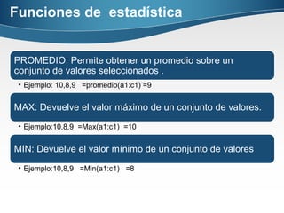 Funciones de estadística
PROMEDIO: Permite obtener un promedio sobre un
conjunto de valores seleccionados .
• Ejemplo: 10,8,9 =promedio(a1:c1) =9
MAX: Devuelve el valor máximo de un conjunto de valores.
• Ejemplo:10,8,9 =Max(a1:c1) =10
MIN: Devuelve el valor mínimo de un conjunto de valores
• Ejemplo:10,8,9 =Min(a1:c1) =8
 