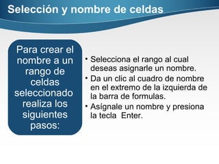 Selección y nombre de celdas
• Selecciona el rango al cual
deseas asignarle un nombre.
• Da un clic al cuadro de nombre
en el extremo de la izquierda de
la barra de formulas.
• Asígnale un nombre y presiona
la tecla Enter.
Para crear el
nombre a un
rango de
celdas
seleccionado
realiza los
siguientes
pasos:
 