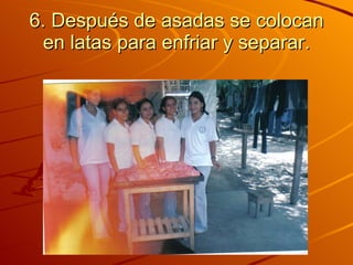 6. Después de asadas se colocan en latas para enfriar y separar. 