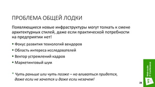 ПРОБЛЕМА ОБЩЕЙ ЛОДКИ
Появляющиеся новые инфраструктуры могут толкать к смене
архитектурных стилей, даже если практической потребности
на предприятии нет!
28
 Фокус развития технологий вендоров
 Область интереса исследователей
 Вектор устремлений кадров
 Маркетинговый шум
* Чуть раньше или чуть позже – но вливаться придется,
даже если не хочется и даже если незачем!
 